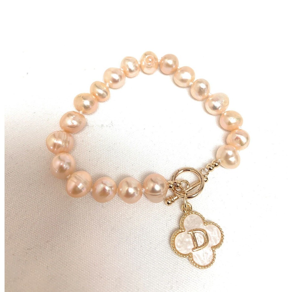 Freshwater Pearls Pink Initial D Charm Electroplated Gold Bracelet 7”